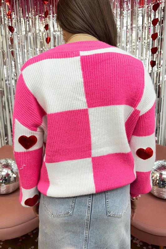 Sequin Heart Patch Color Block Cardigan Sweater