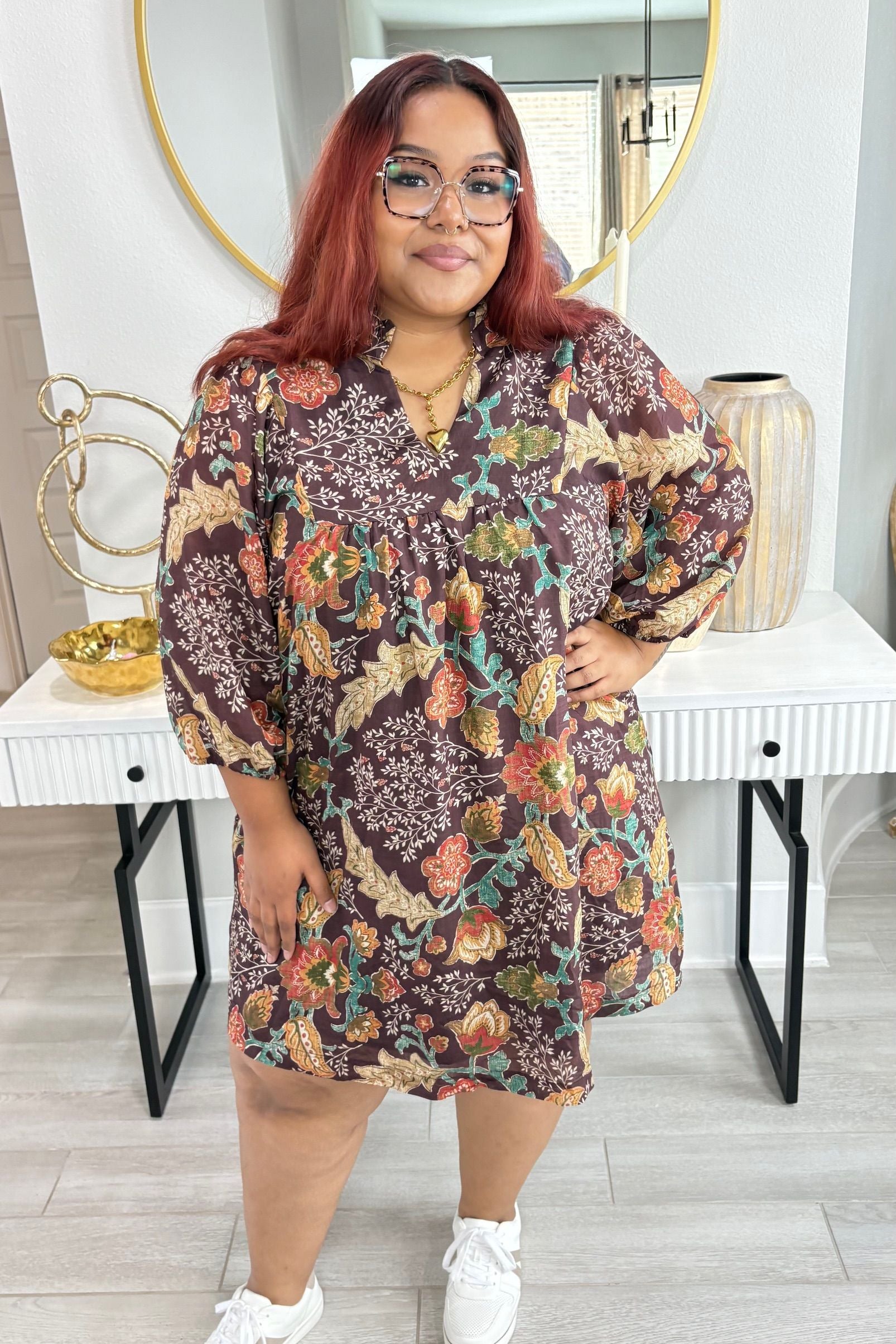 Umgee Plus Size Dresses Plus Size Floral Ruffle Neck Mini Dress By