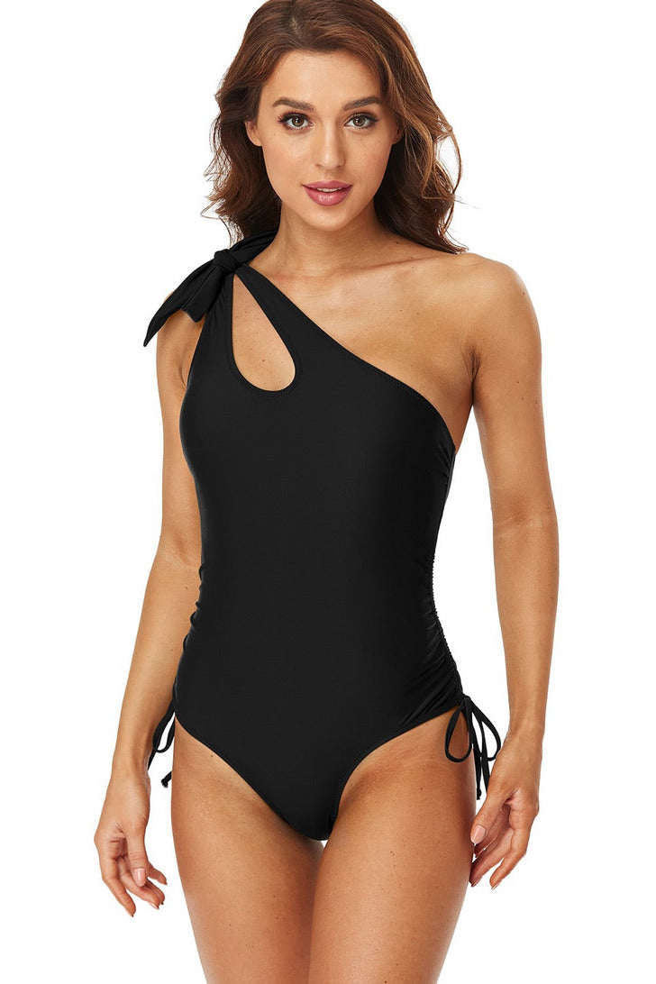 Solid Belted Spaghetti Strap One-Piece Swimsuit in Black