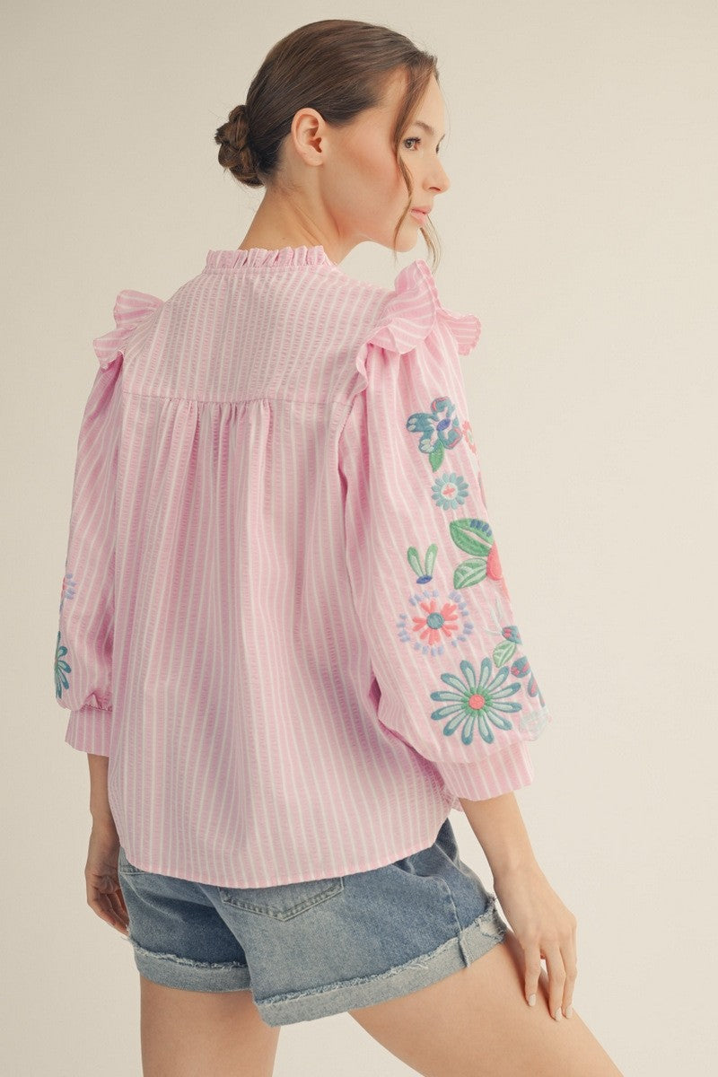 Embroidery Sleeve Stripe Top By Jodifl
