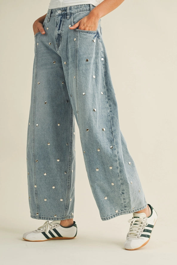 Shine On Studded Barrel Jeans By Klesis