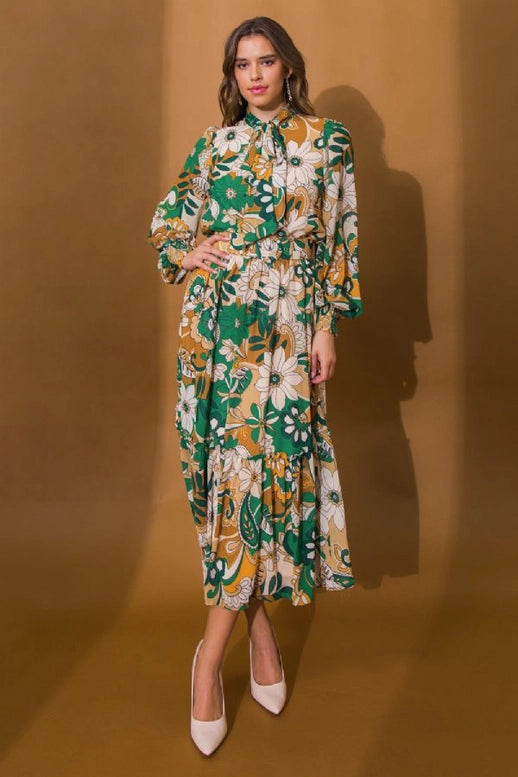 Green Floral Midi Dress with Front Necktie Dress