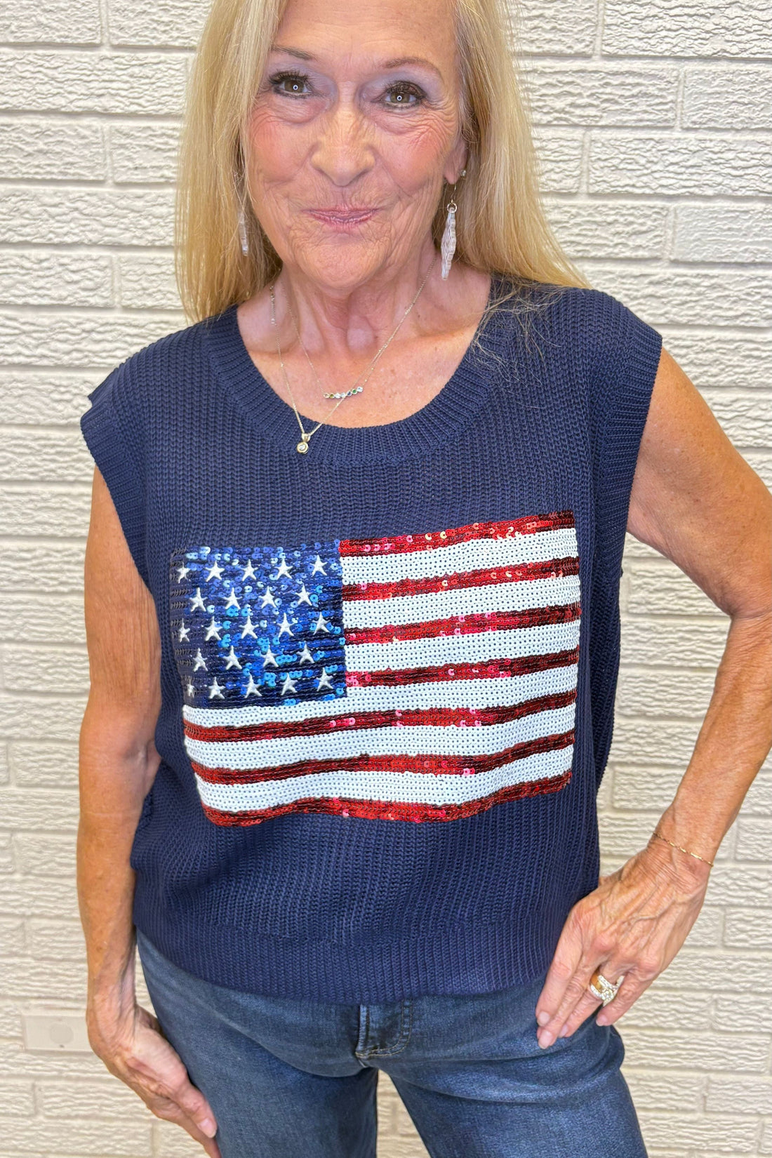 Star and Stripes American Flag Knit Top with Sequin- By Sweet Lovely