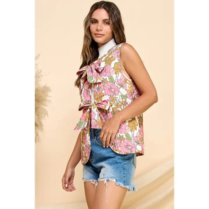 Coquette Printed Stripe Quilt Ribbon Tie Vest