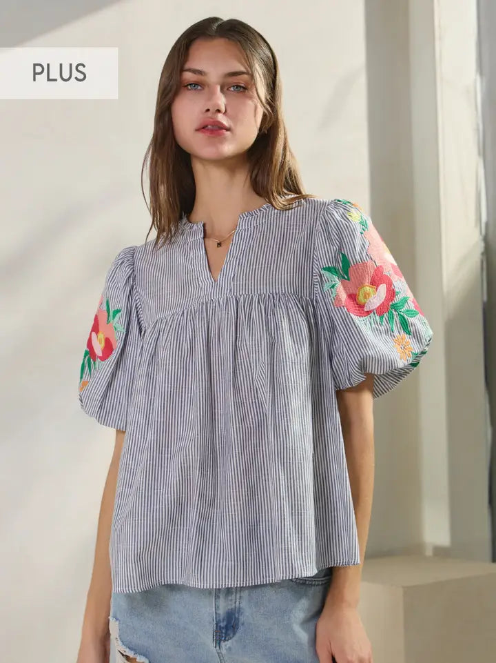 plus size striped embroidered blouse front view
