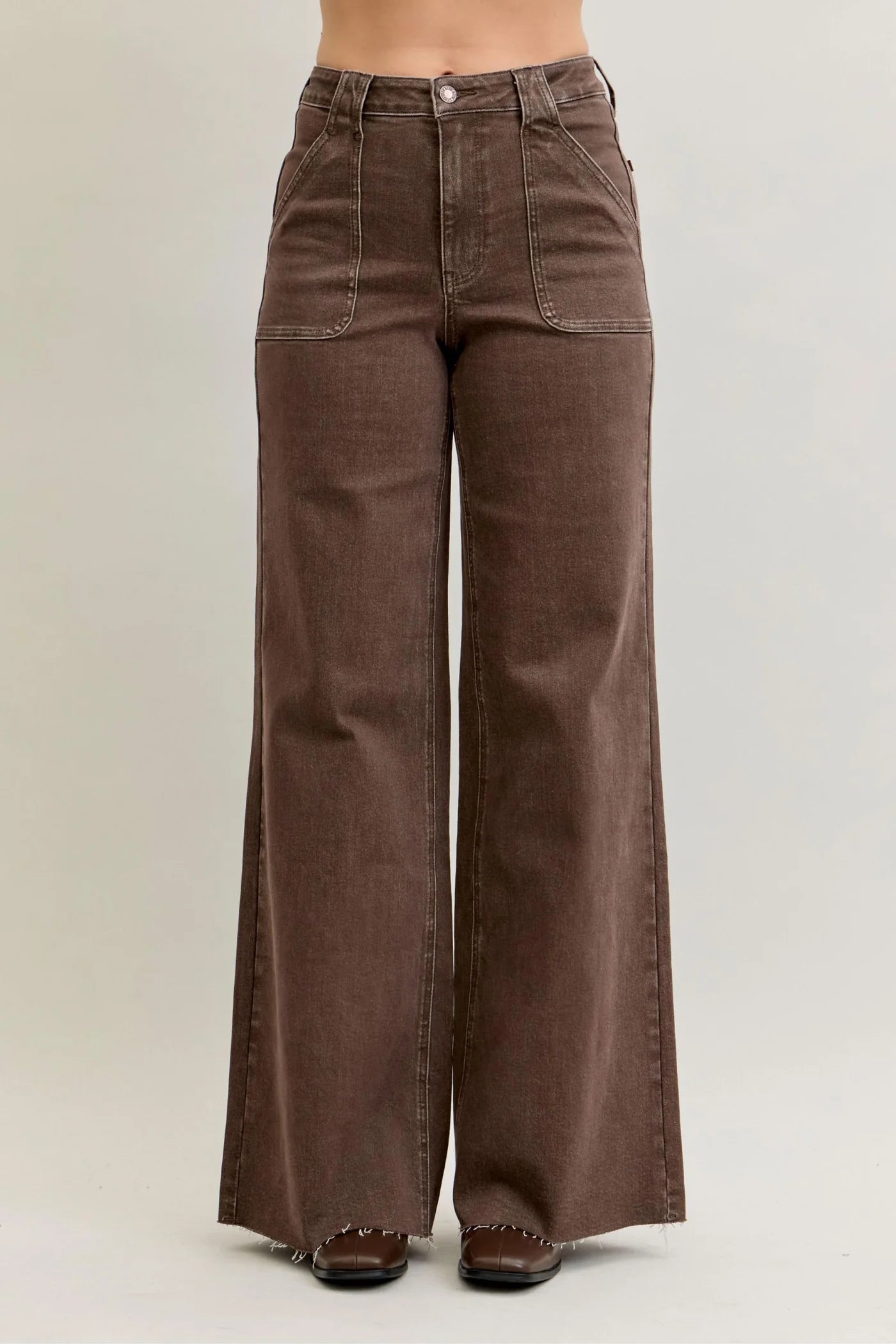 Judy Blue High Waist Retro Yarn Dyed Brown Front Patch Pockets Wide Leg Denim Jeans 881008