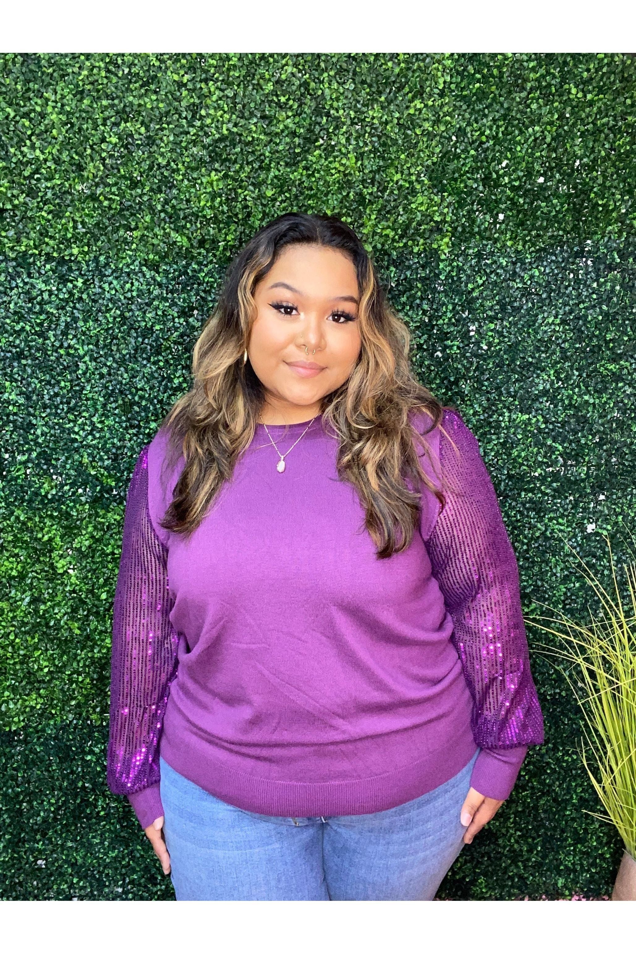 Round Neckline Sequined Long Sleeve Knit Top (Curvy only)