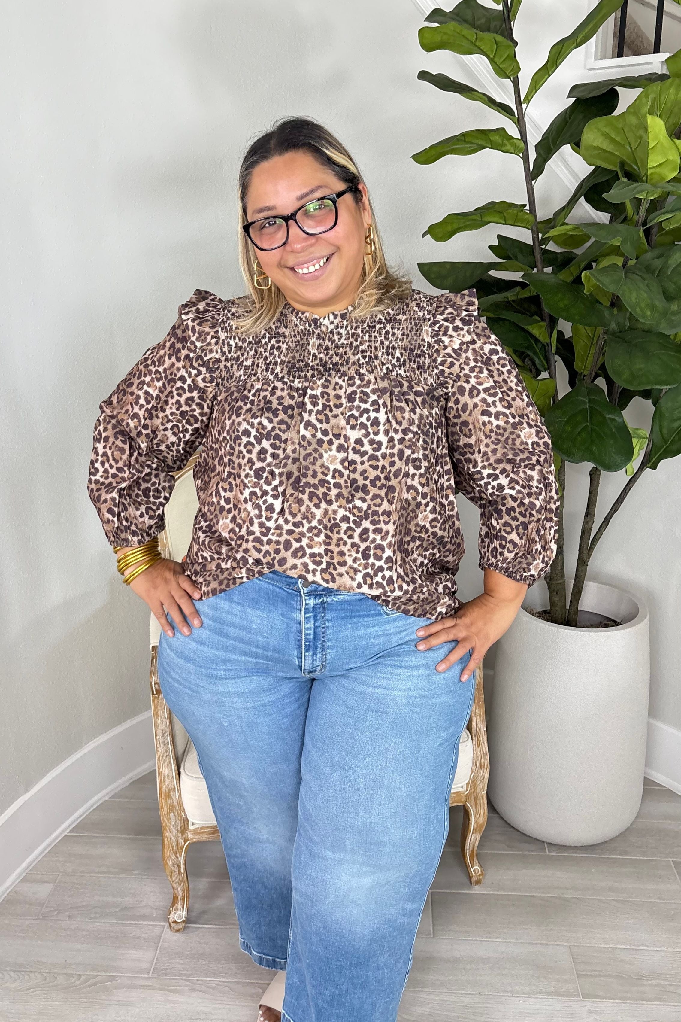 Plus Size Leopard Print Smocked Blouse with Ruffle Trim By Umgee
