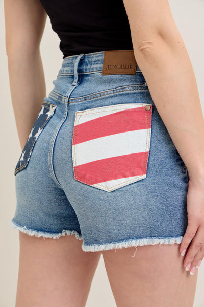 Judy Blue High Waist Front & Back Pocket American Flag Fray Hem Denim Short 150321