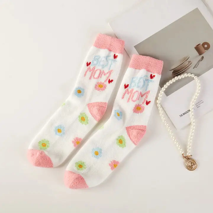Love Mom Theme Cute Graphic Fuzzy Socks Gift Box (3 Pairs)
