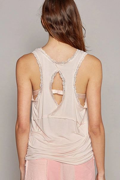 Scoop Neck Sleeveless Lace Trim Back Open Knit Top By Pol