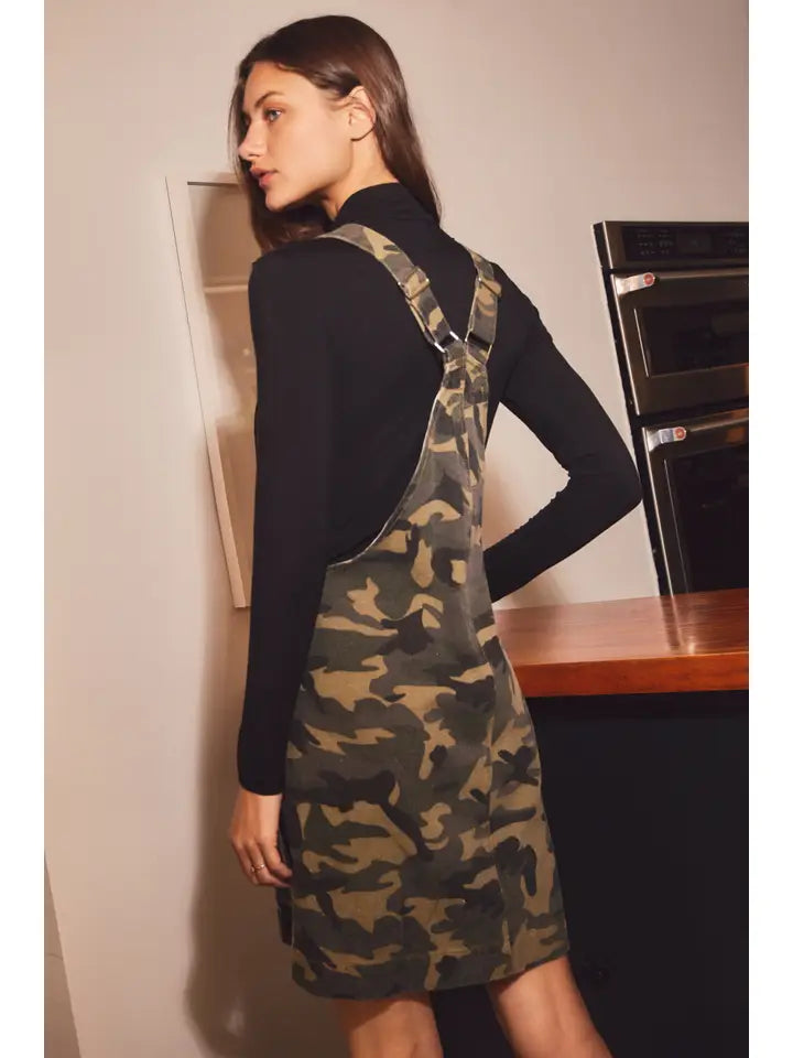 Button-Front Camo Overall Dress By Oddi