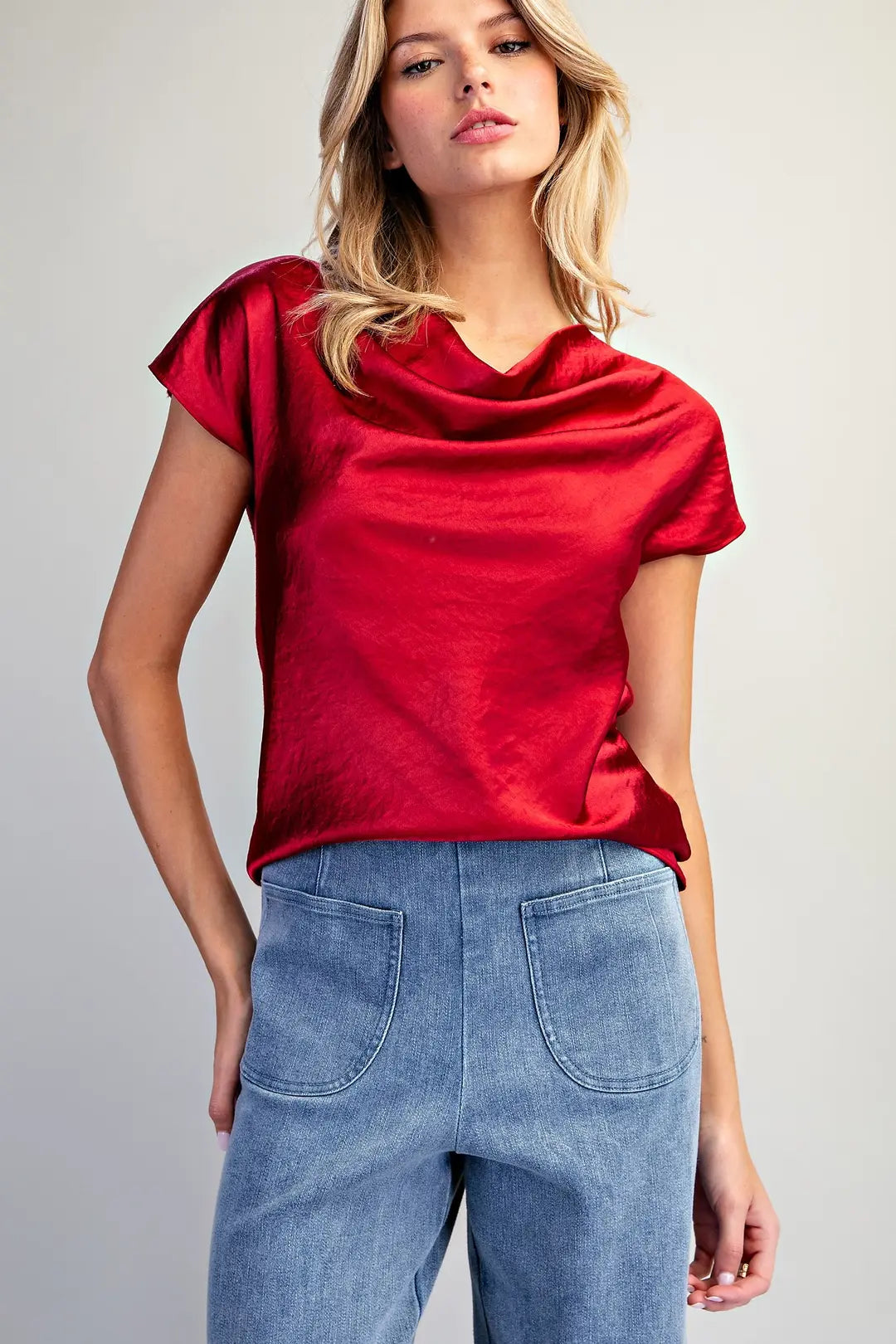 Red Satin Cowl Neck Top By EESOME