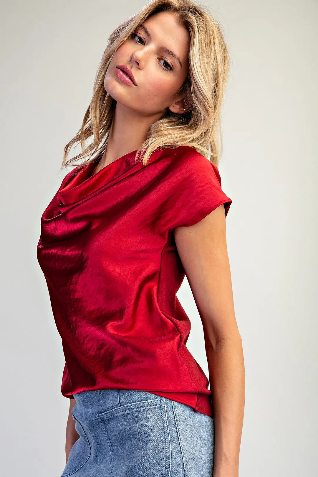 Red Satin Cowl Neck Top By EESOME