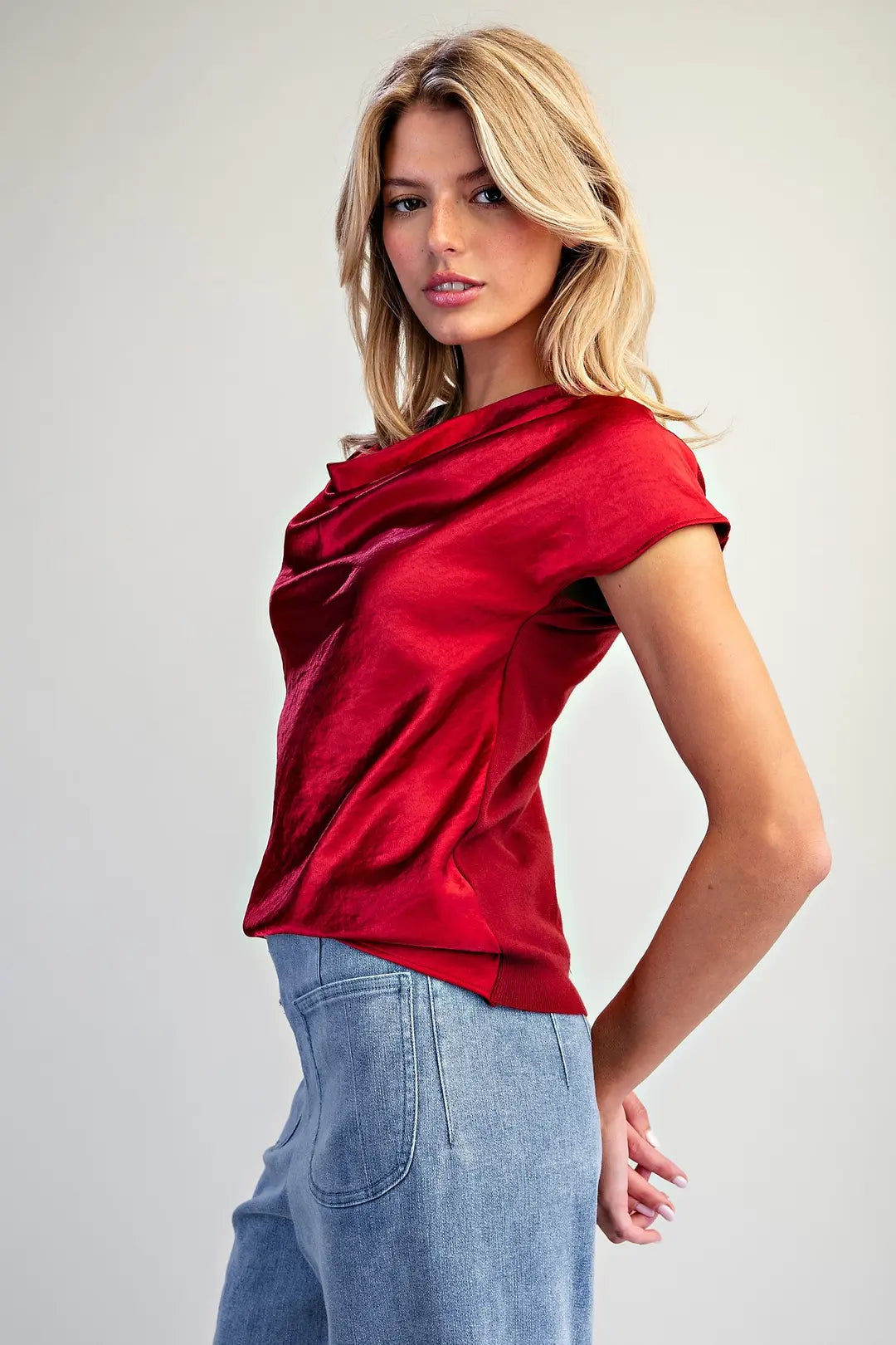 Red Satin Cowl Neck Top By EESOME