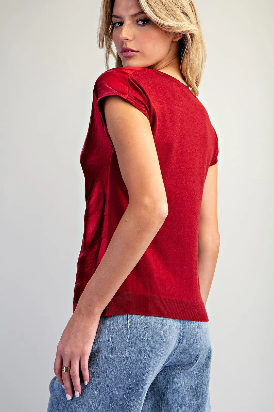 Red Satin Cowl Neck Top By EESOME