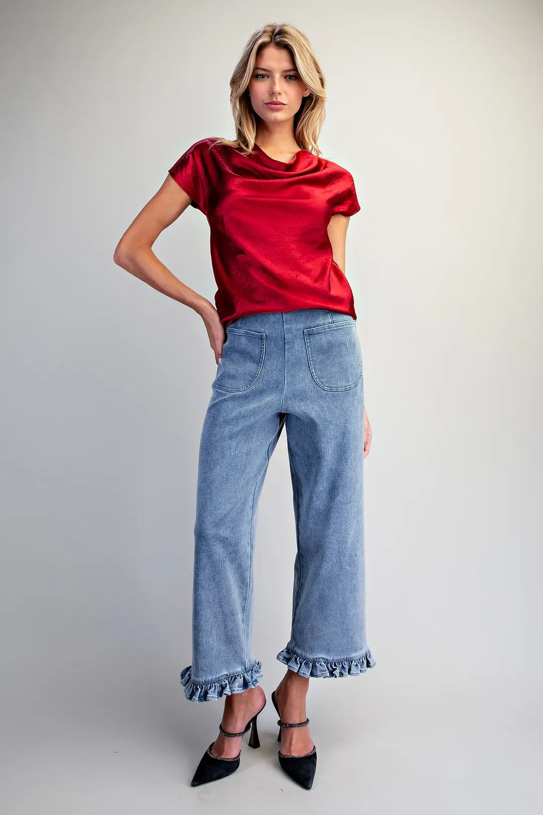 Red Satin Cowl Neck Top By EESOME