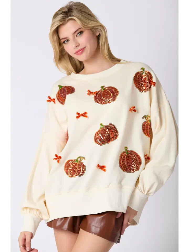 Pumpkin Sequins Embroidery Oversized Sweatshirt