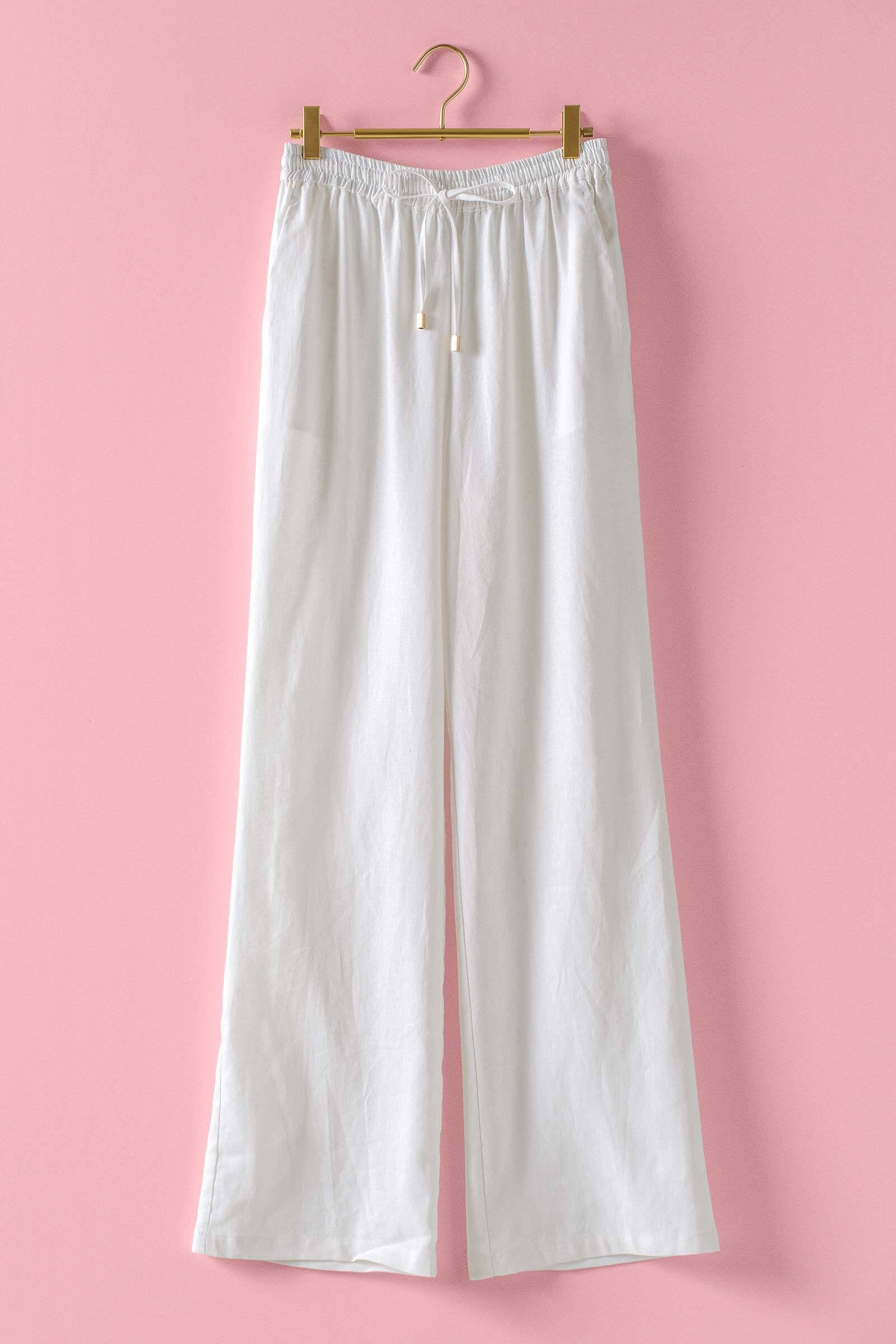 white linen lounge pants women wide leg elastic waistband drawstring