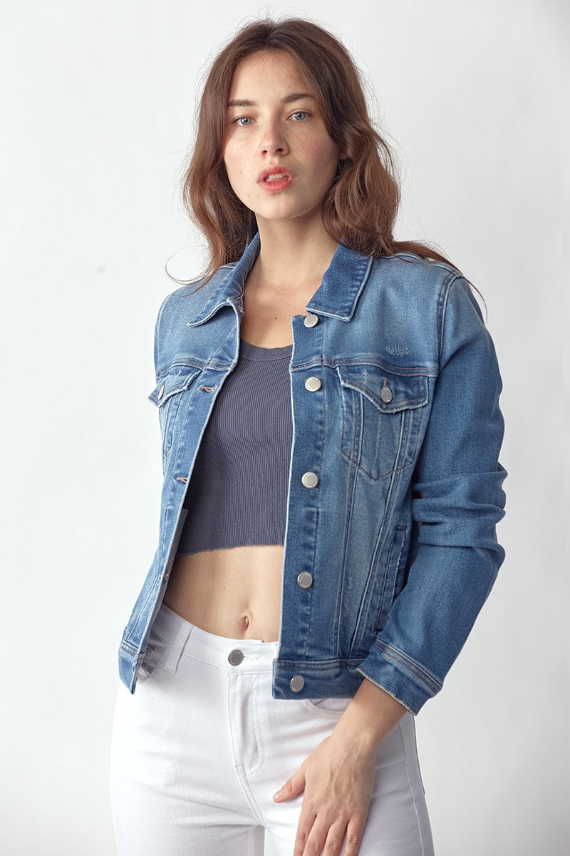 Women's Risen soft washed classic denim jacket featuring a timeless denim silhouette and comfortable cotton-rich stretch fabric, perfect for everyday layering.