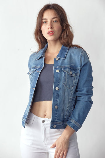 Women's Risen soft washed classic denim jacket featuring a timeless denim silhouette and comfortable cotton-rich stretch fabric, perfect for everyday layering.
