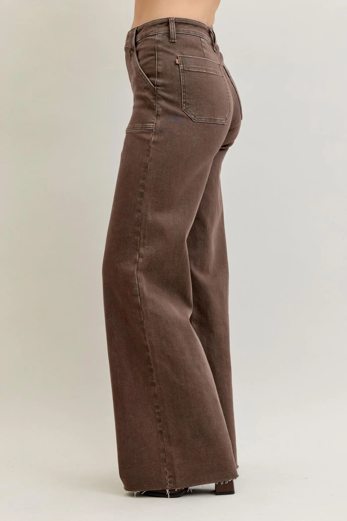 Judy Blue High Waist Retro Yarn Dyed Brown Front Patch Pockets Wide Leg Denim Jeans 881008