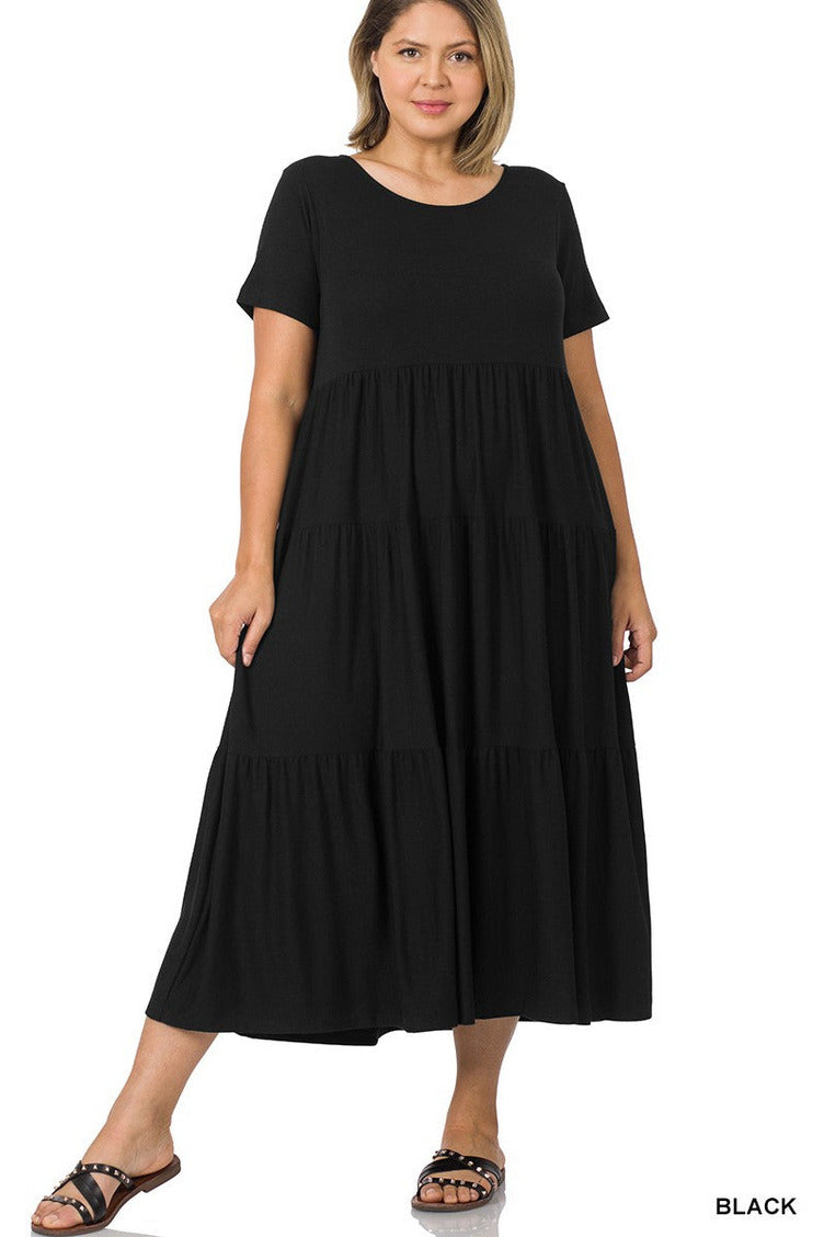 Short Sleeve Tiered Midi Dress(curvy)