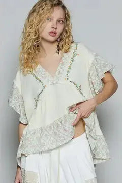 V-Neck Short Sleeve Embroidery Woven Top