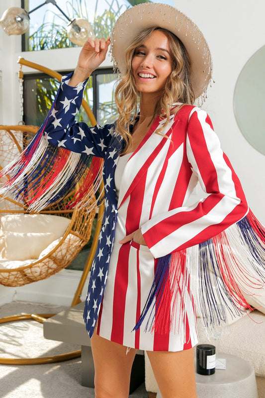 America Flag Theme Fring Sleeve Peak Lapel Blazer
