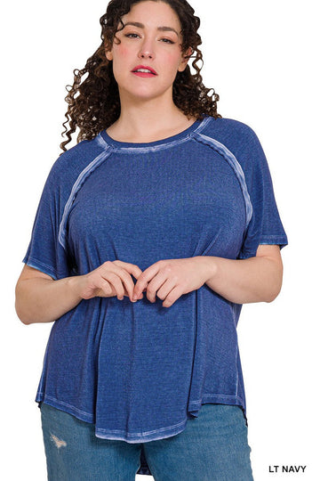 Washed Short Sleeve Boat-Neck Top(Curvy)
