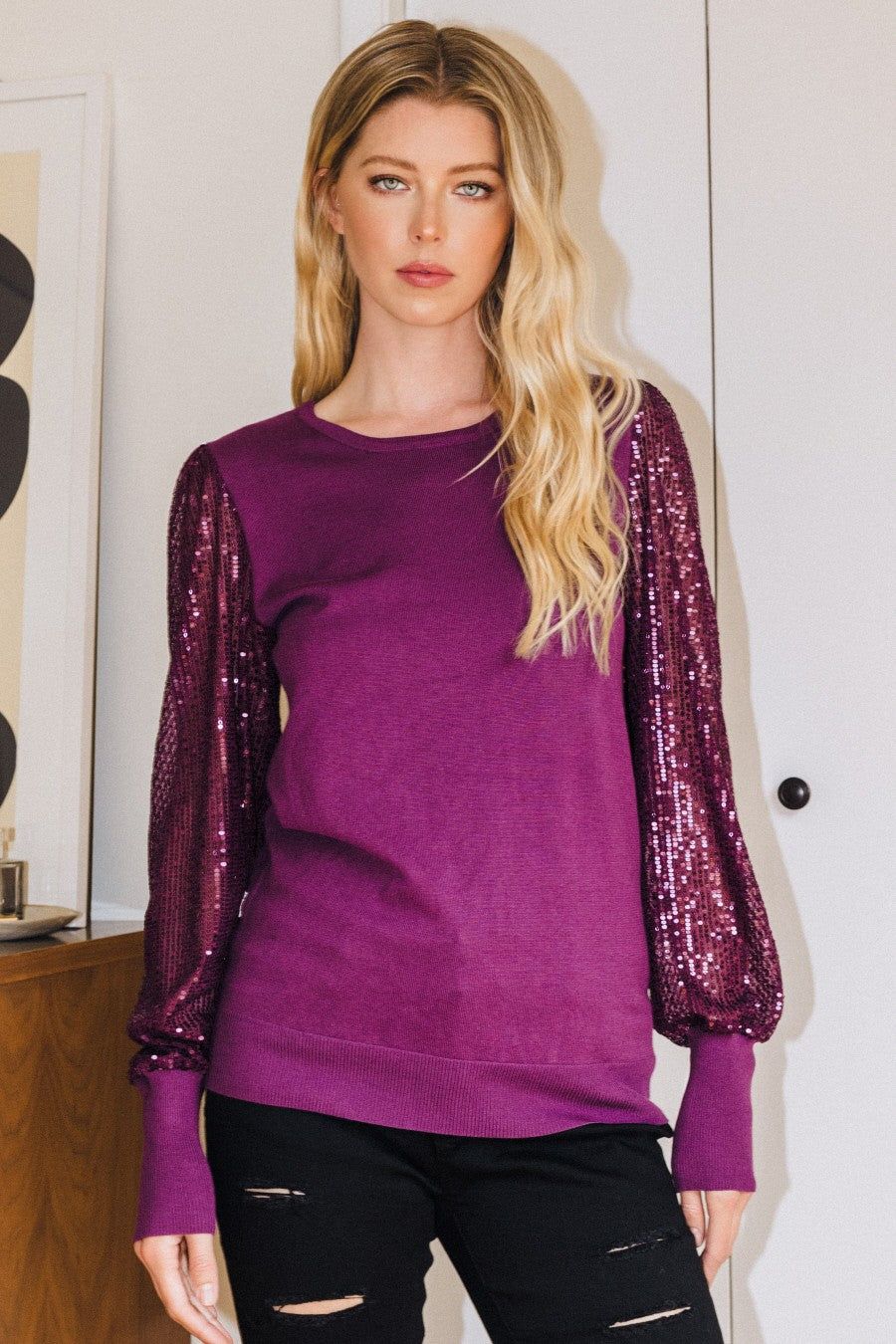 Round Neckline Sequined Long Sleeve Knit Top (Curvy only)