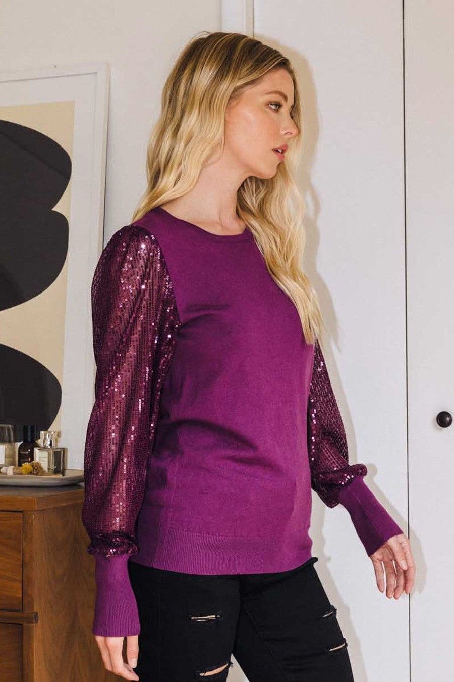 Round Neckline Sequined Long Sleeve Knit Top (Curvy only)