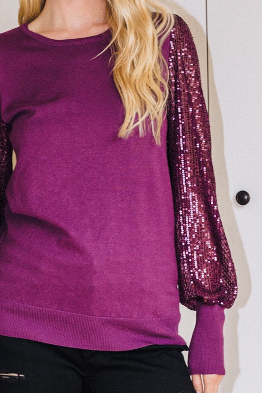 Round Neckline Sequined Long Sleeve Knit Top (Curvy only)