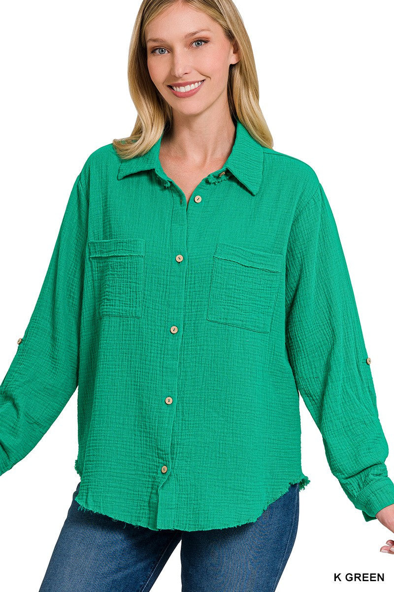 Double Gauze Button Down Roll-up Long Sleeve Shirt