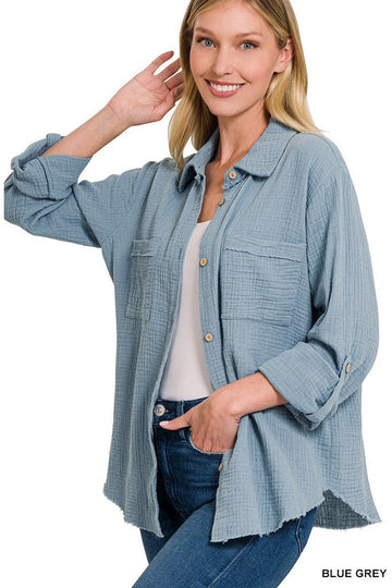 Double Gauze Button Down Roll-up Long Sleeve Shirt