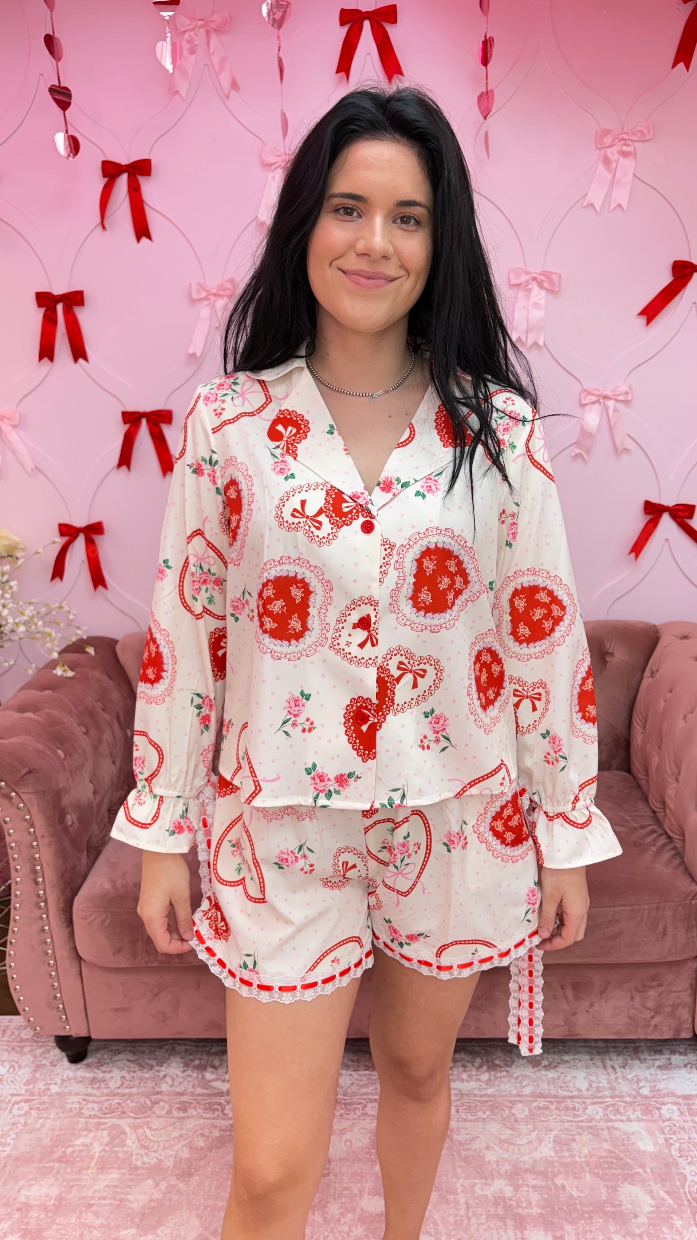 2pcs Set Heart Print Satin Pajama Top and Short