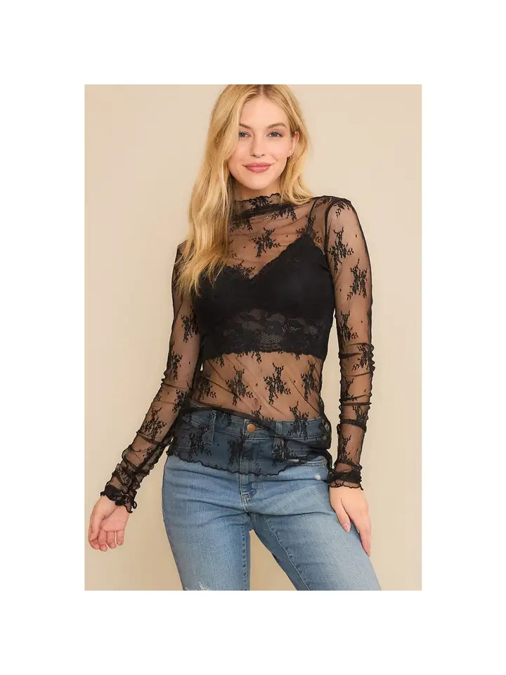 Mesh Lace High Neck Design Long Sleeve Fitted Top