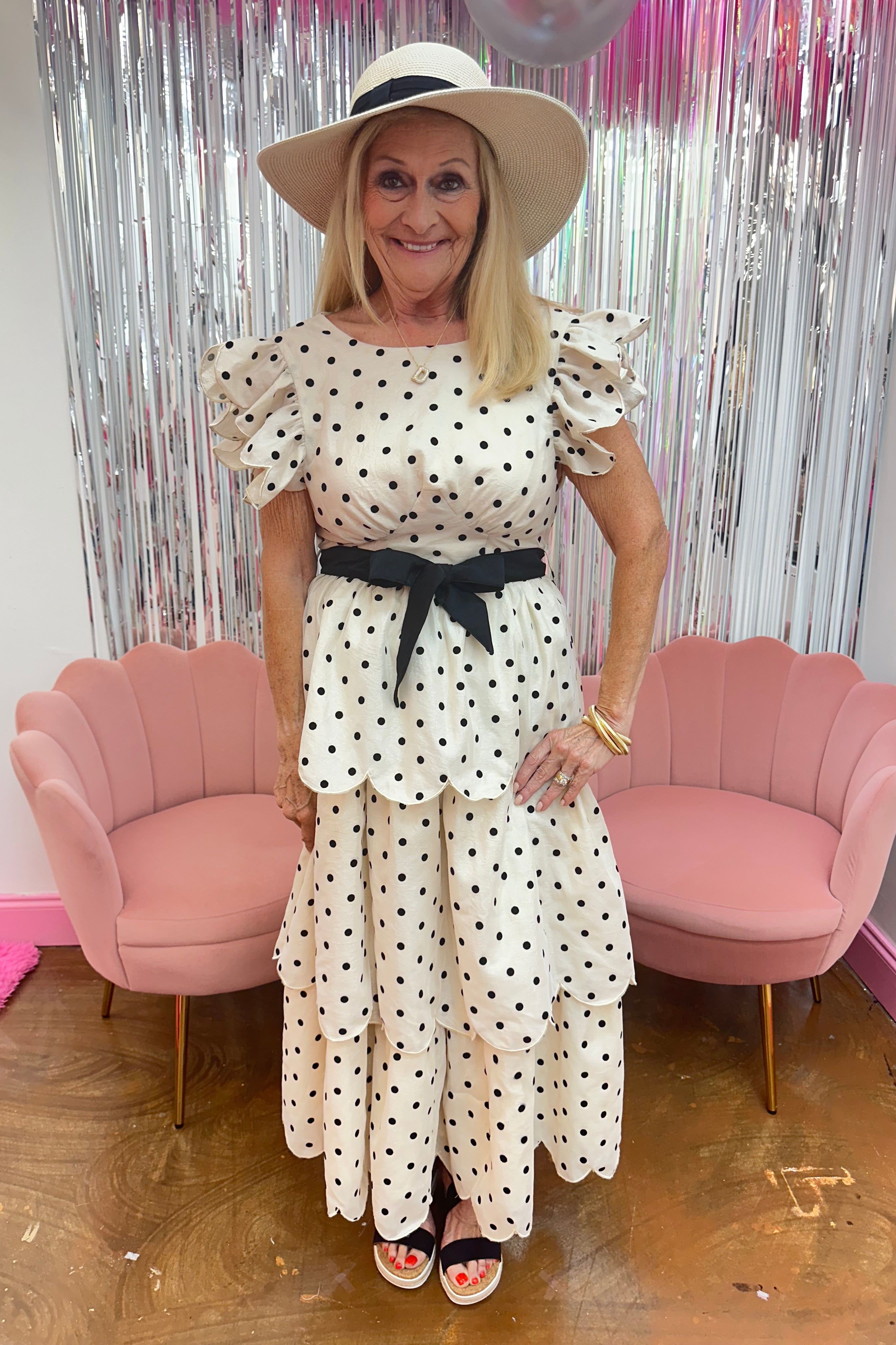 Polka Dot Scalloped Ruffle Tiered Midi Dress