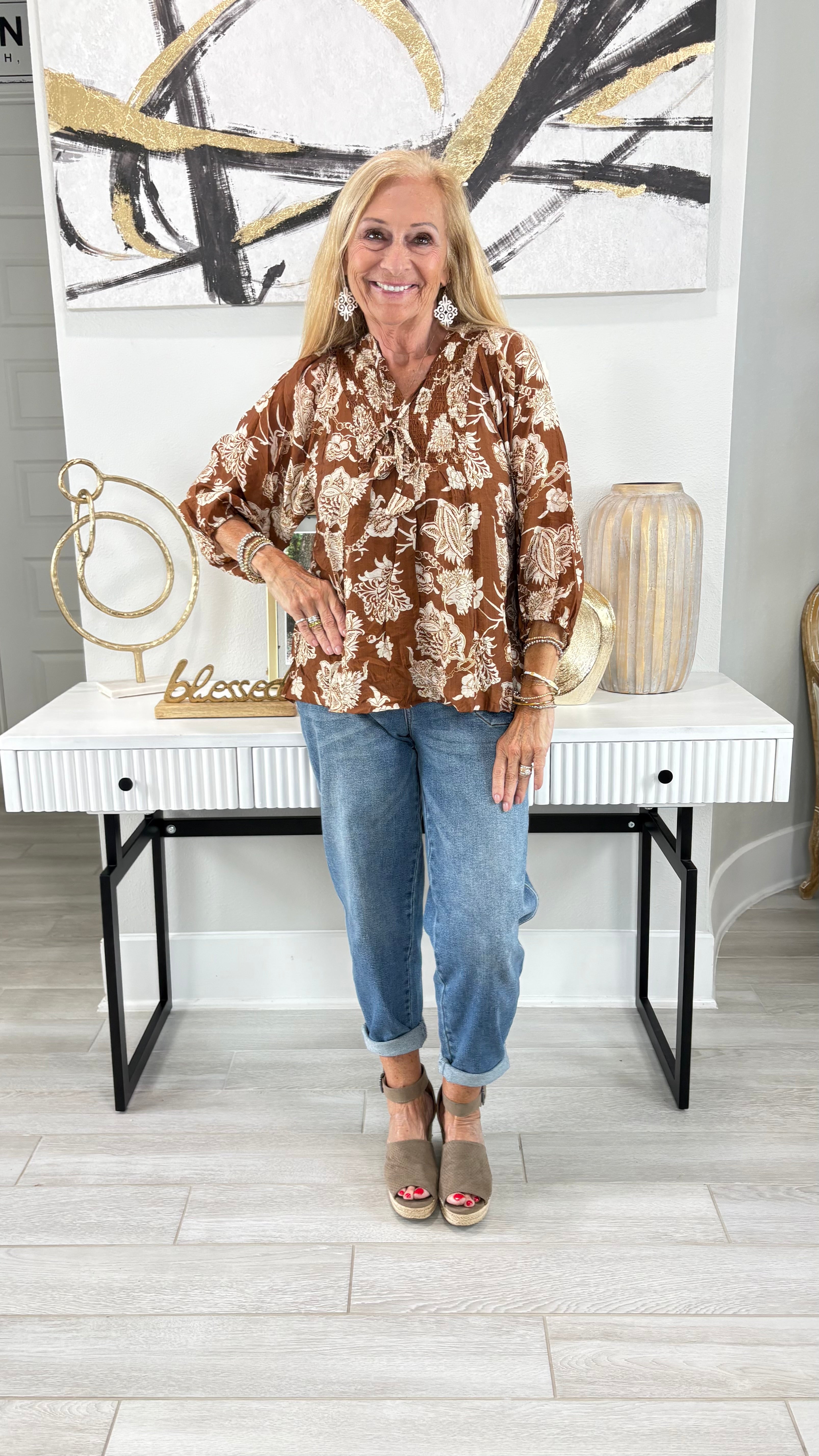 DG Two Tone Floral Print Boho Blouse By Umgee