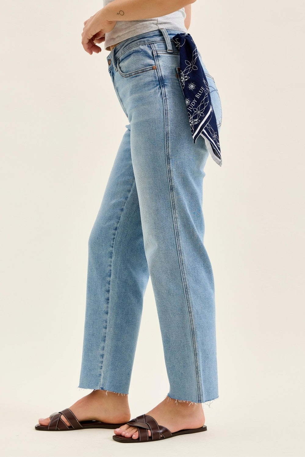 judy blue light wash straight leg jeans high rise with raw hem detail