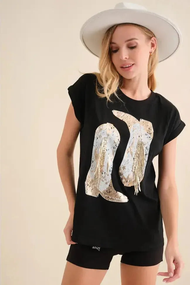 Foil Graphic Fringe Embellish T Shirt