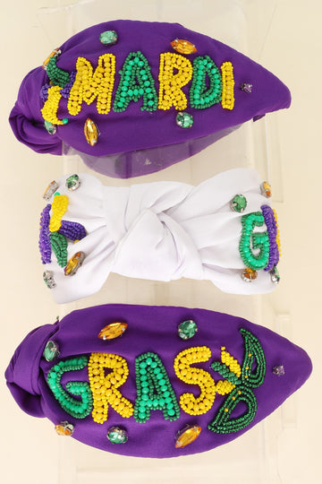 Mardi Gras Tricolor Beaded Knotted Headband