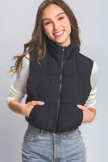 Beige High Neck Lightweight Puffer Vest