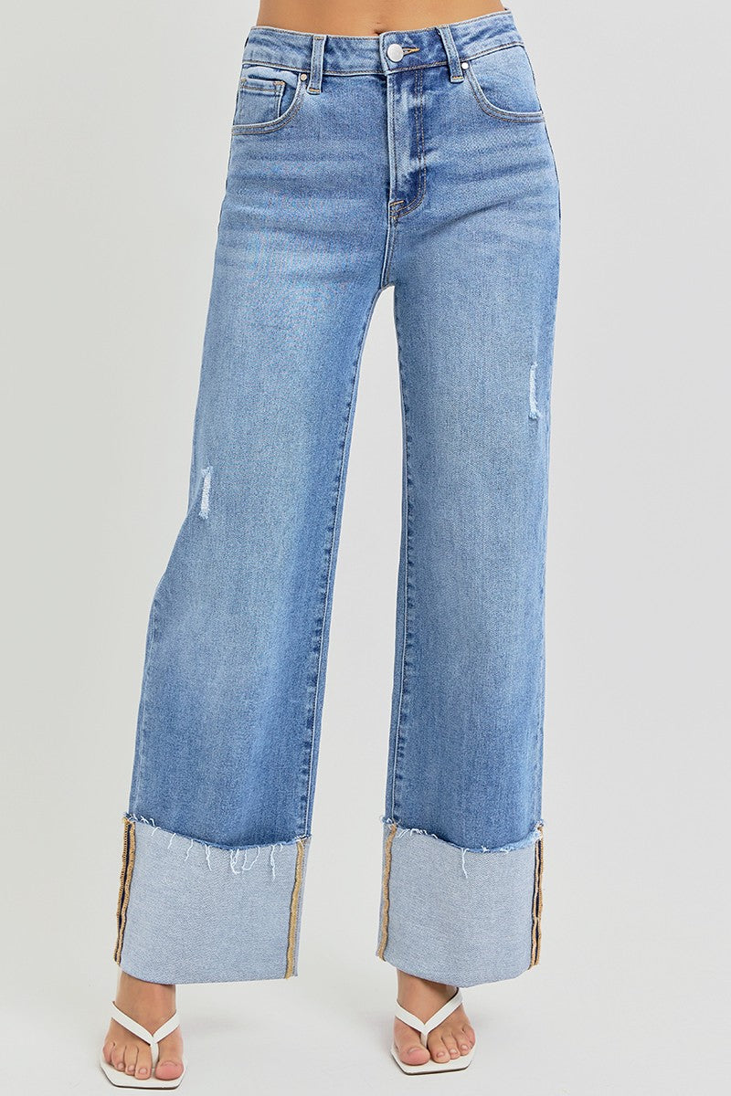 High Rise Ankle Wide Cuffed Jeans By Risen