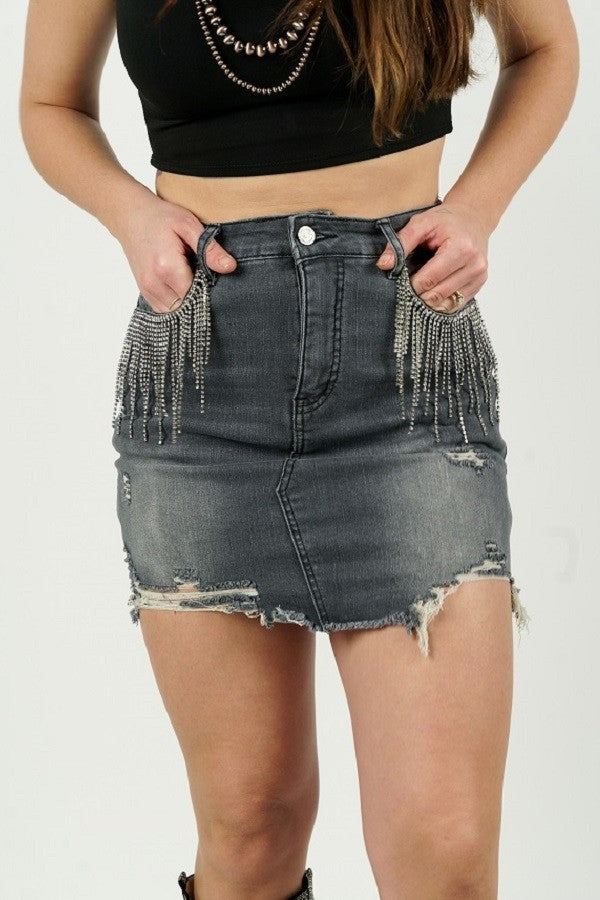 Tummy Control Denim Rhinestone Fringe Skirt