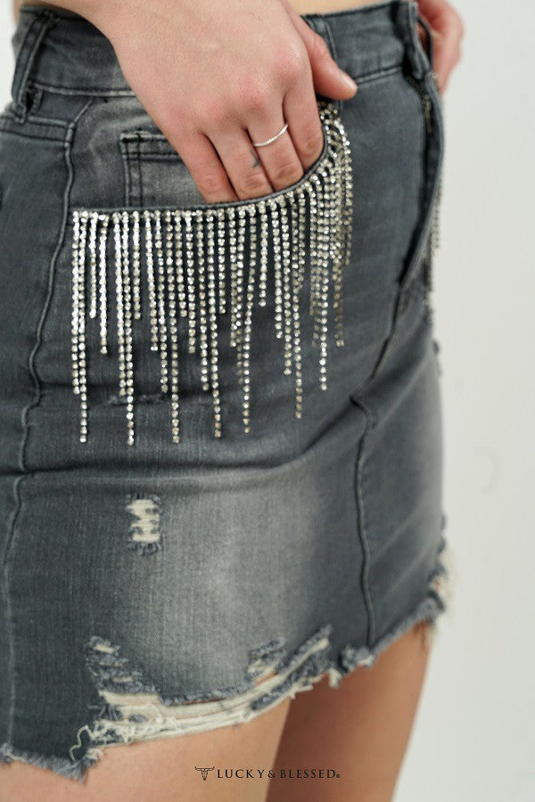 Tummy Control Denim Rhinestone Fringe Skirt