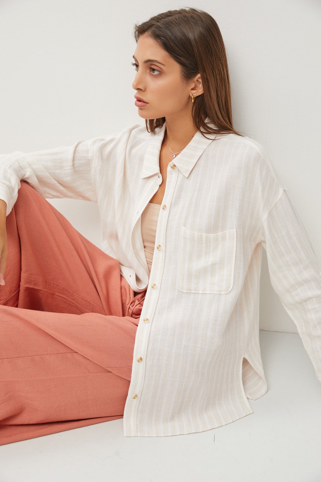 Striped Roll up Sleeve Button Down Linen Shirt