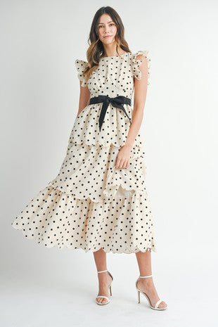 Polka Dot Scalloped Ruffle Tiered Midi Dress
