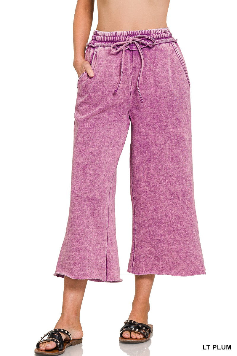 Acid Wash Fleece Palazzo Sweatpants With Pockets By Zenana