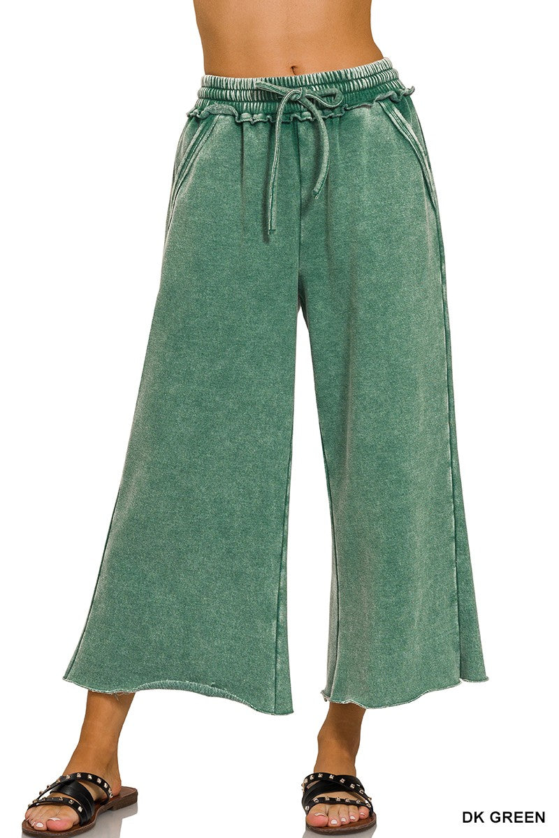 Acid Wash Fleece Palazzo Sweatpants With Pockets By Zenana